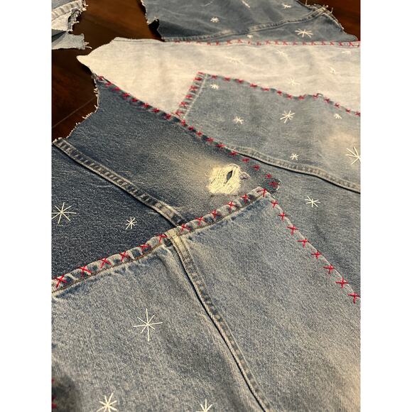 Recycled Denim Embroidered Hand Made Tree Skirt Jeans Blue Red Star Accents - Picture 8 of 10